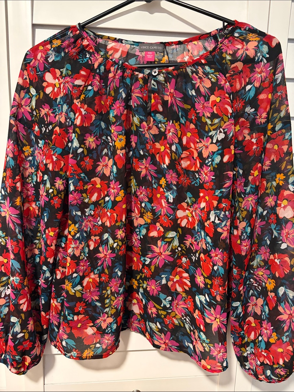 Vince Camuto Black Floral Long-Sleeve Blouse with Red & Pink Blooms